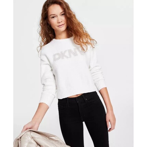 DKNY Jeans Women's Tinsel Logo Crewneck Knit Boucle warm Cozy Sweater ivory XL - Picture 1 of 7